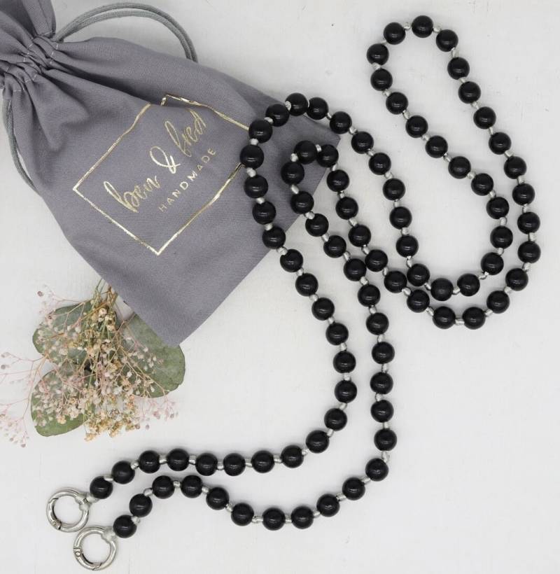 Lange Handykette ‚Silver Black', Schwarze Holzperlen, Geknotet , Versilberte Oder Vergoldete Karabiner, Längenauswahl von benundfredh2