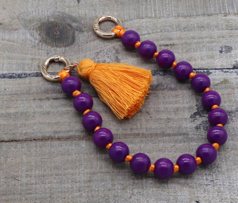 Schlüsselanhänger, Handykette, Lila Holzperlen in 12 Mm, Vergoldete Oder Versilberte Karabiner, Quaste Schlüsselanhänger, Handykette, Lila Holzperlen in 12 Mm, Vergoldete Oder Versilberte Karabiner, Quaste von benundfredh2