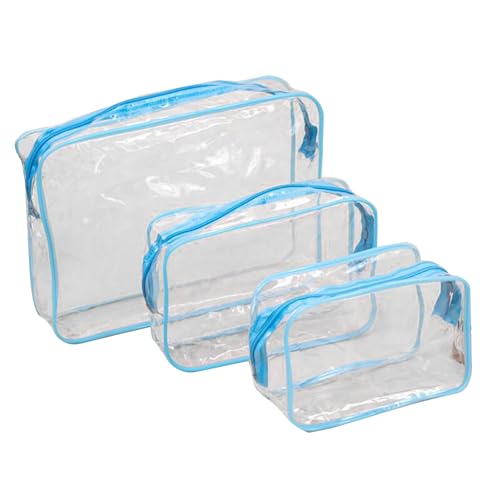 bephible Doppelschichtige PVC-Kulturbeutel, transparente Aufbewahrungsbeutel für Kosmetik, 3 Stück/Set, transparentes Kosmetiktaschen-Set, wasserdicht, tragbar, Make-up-Organizer, blau von bephible