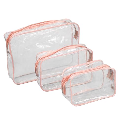 bephible Doppelschichtige PVC-Kulturbeutel, transparente Aufbewahrungsbeutel für Kosmetik, 3 Stück/Set, transparentes Kosmetiktaschen-Set, wasserdicht, tragbar, Make-up-Organizer, rose von bephible