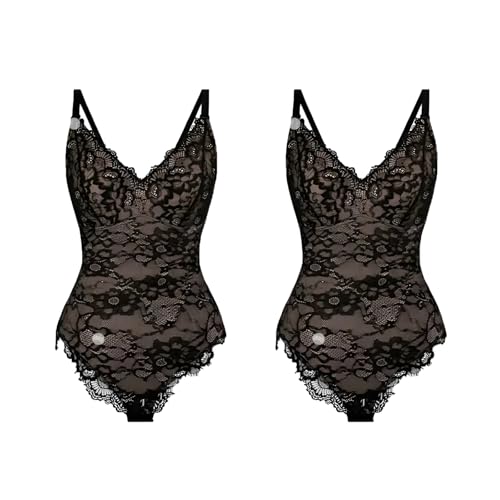 bergxperten Vivelline Shaping Bodysuit mit Spitze 2er-Set 2 - Stück Damen Formende Bodysuit Unterwäsche mit Bauchweg, V - Ausschnitt, Schritt mit Haken, Schwarz/Weiß von bergxperten