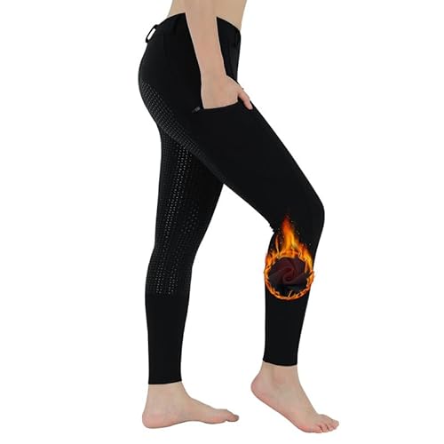 Damen Fleece Reithose,Mädchen Reitleggings Warme Plüsch mit Taschen Winter,Flex und Fashion Leggings für Reitsport Schwarz XL von beroy