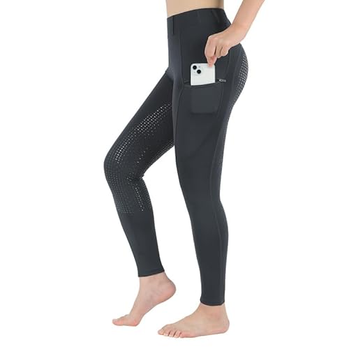 beroy Damen Reithose, Hohe Taille Reithose mit Vollbesatz Silikon und Taschen,Elastische Atmungsaktive Mädchen Reiten Leggings Grau 3XL von beroy