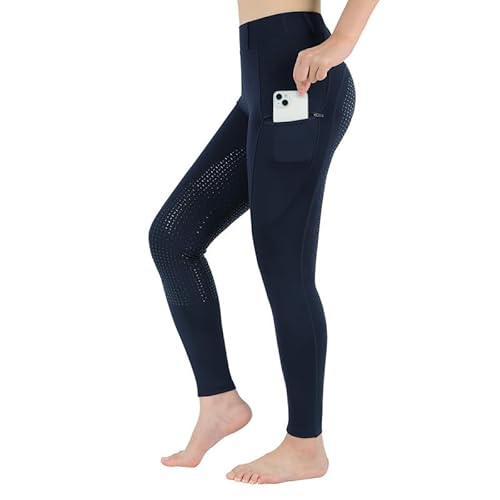 beroy Damen Reitleggings mit Silikon Vollbesatz und Handytasche,Mode High Waisted Reithose,Elastische Reitleggings und Gürtelschlaufen Navy 3XL von beroy