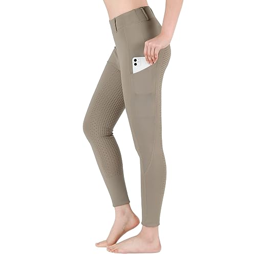 beroy Kinder Reithose Vollbesatz mit Silikon Reitleggings Mädchen mit Gürtelschlaufen und Handytasche Khaki L von beroy