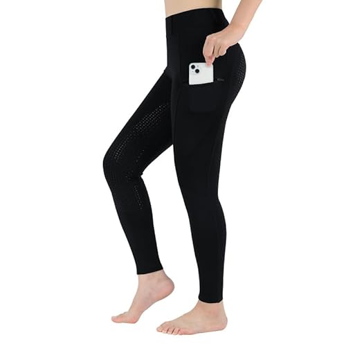 beroy Reitleggings Damen Silikon Vollbesatz mit Handytasche, High Waist Reithose Mädchen Reitsport-Hosen 4-Wege-Stretch und Gürtelschlaufen Schwarz XL von beroy