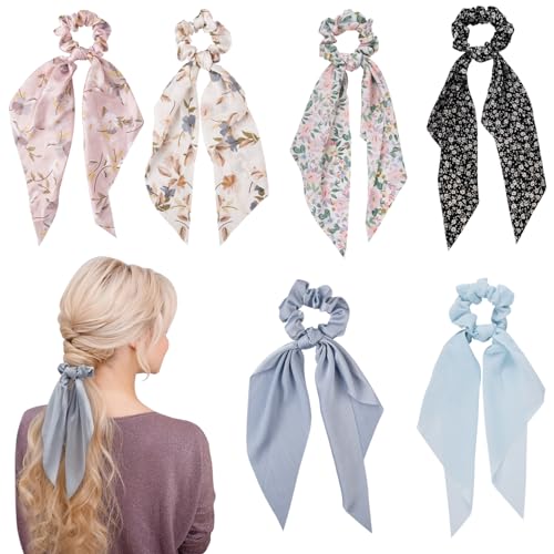 besbomig 6 Stück Scrunchies Haargummi mit Schleife, Frauen Chiffon Bowknot Haarband, Nylon Elastische Pferdeschwanz Halter, Vintage Floral Schal Haarschmuck für Mädchen von besbomig