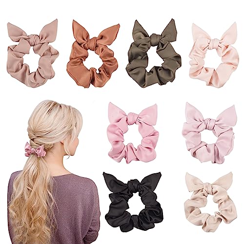 besbomig 8 Stück Haar Haargummis, Satin Elastisches Scrunchies mit Schleife, Kaninchen Hase Ohrschleife Haarbänder, Pferdeschwanz Halter Bänder 2 in 1 Design Haarschmuck für Frauen Mädchen von besbomig