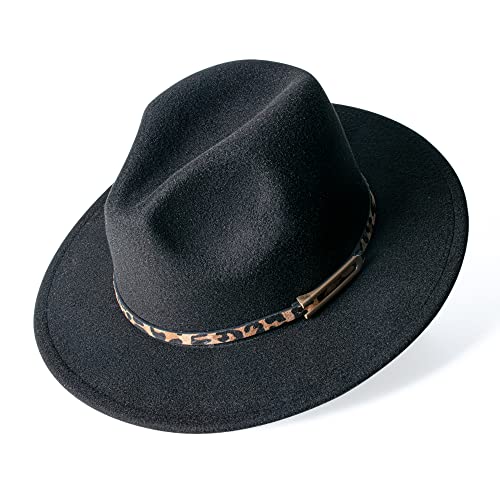 besbomig Fedora Hut Damen Breite Krempe Filzhut Herren Jazz Cap mit Lederband Unisex Trilby Outdoor Leoparden Korndruck Cap,Schwarz von besbomig