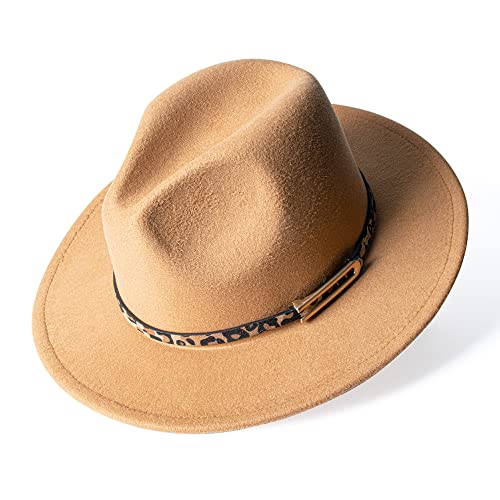 besbomig Fedora Hut Damen Breite Krempe Filzhut Herren Jazz Cap mit Lederband Unisex Trilby Outdoor Leoparden Korndruck Cap,Hellbraun von besbomig