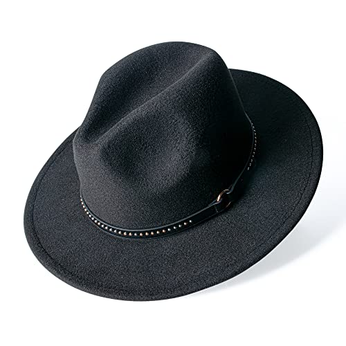 besbomig Fedora Hut Damen Breite Krempe Filzhut Herren Jazz Cap mit Lederband Unisex Trilby Outdoor Leoparden Korndruck Cap,Schwarz 2 von besbomig