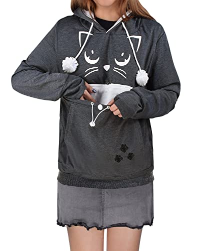 besbomig Damen Kapuzenpullover mit Katzen Großen Tasche, Mode Sweatshirt Kapuze Hoodie Katzenpullover Langarm Kapuzenpulli Lässig und Bequem Hoodie Pullover für Frühling von besbomig