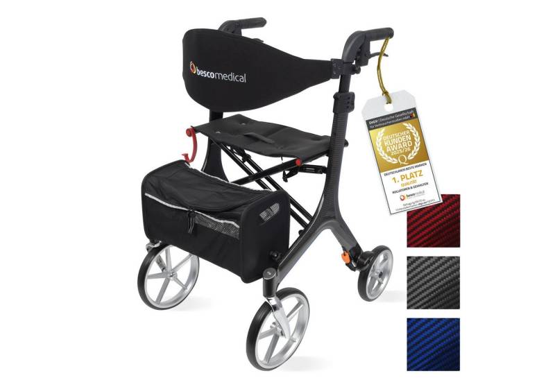 bescomedical Rollator CARBON - Premium Leichtgewichtrollator - faltbar & höhenverstellbar, ultra leichte Gehhilfe - mit Rückengurt, Netztasche und Stockhalter von bescomedical