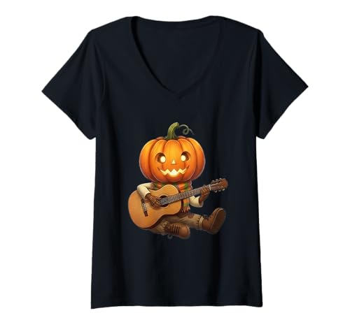 Damen Halloween Kürbis Kopf spielt akustische Gitarre Musikliebhaber T-Shirt mit V-Ausschnitt von best christmas look ever