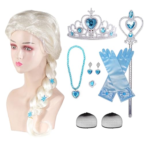 Prinzessin Kostüm Perücken Set Blond Lange Zopf Perücke Haar mit 2 Haarnetz Halskette Krone Schmuck Dress Up Zubehör für Frauen Mädchen Halloween Geburtstag Weihnachten Party Cosplay von bestbargainhouse