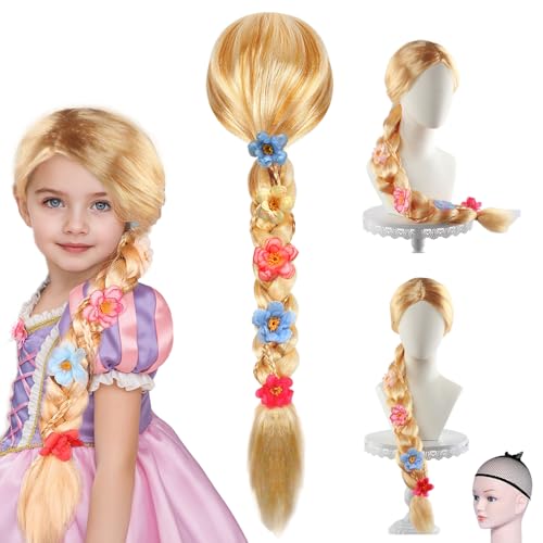 Prinzessin Kostüm Perücke Set Lange Blond Geflochtene Haar Fancy Dress Zubehör Cosplay Perücken Zöpfe mit Blume Haarnetz für Frauen Mädchen Halloween Geburtstagsgeschenk von bestbargainhouse