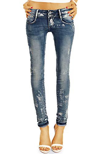 BE STYLED Damenjeans Design Hosen Hüftjeans Damen mit weißen Farbflecken, röhriger Skinny Slim Schnitt j25r 38/M dunkelblau von BE STYLED