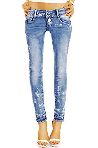 BE STYLED Damenjeans Design Hosen Hüftjeans Damen mit weißen Farbflecken, röhriger Skinny Slim Schnitt j25r 40/L Oceanblue von BE STYLED