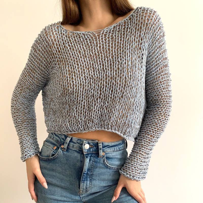 Blaues Und Graues Häkeltop Mit Grauer Mixfarbe Lockeres Top Aus Baumwolle Versandfertig Größe S von beswetio