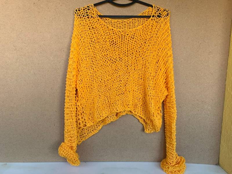 Gelbes Netz Top Arm Stricken Baumwollpullover - Handgestrickt Baumwolle Damen Pullover Lockerer Frauen Loose von beswetio