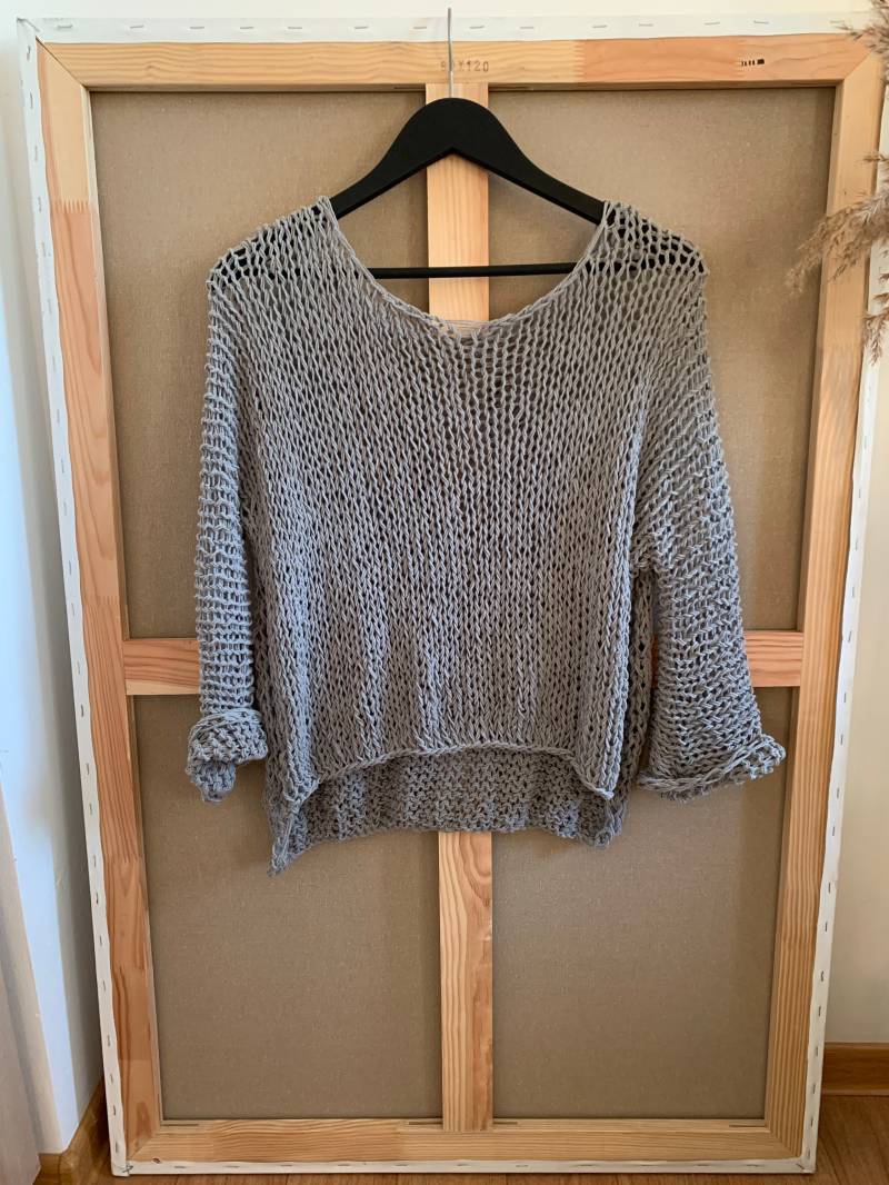 Grauer Baumwollstrickpullover - Handgestrickter Damenpullover Lockerer Baumwollpullover Armstrickender Lockeres Natürliches Frauenoberteil von beswetio