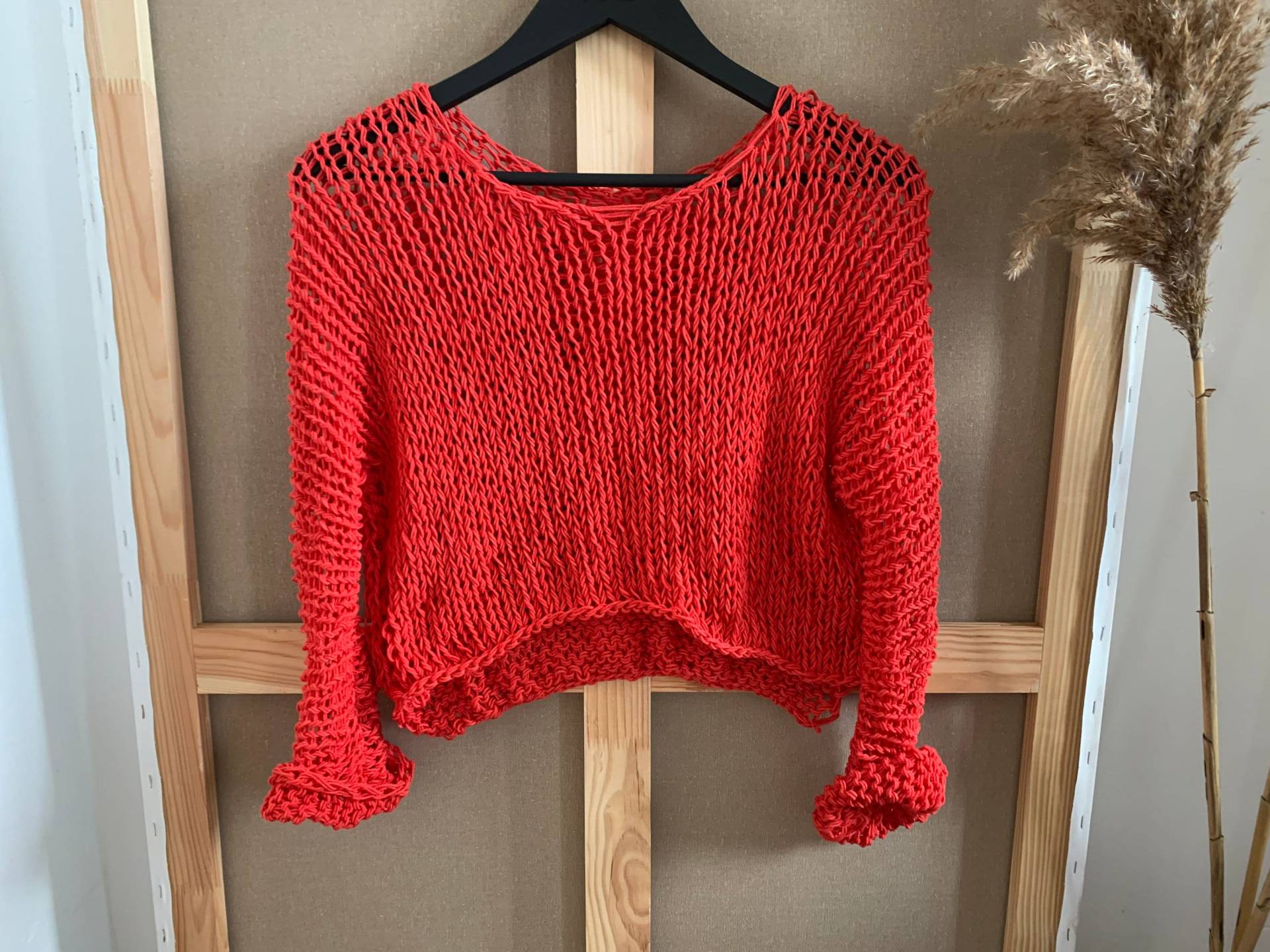 Roter Baumwollpullover - Handgestrickter Lockerer Damen Pullover von beswetio