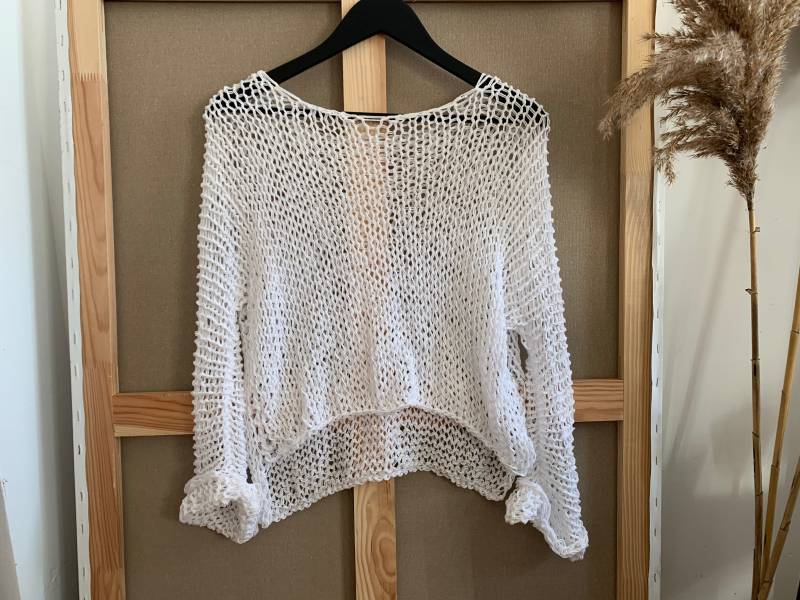 Weiß Strick-Baumwoll-Top Hand Stricken Baumwoll-Top Sommer-Baumwoll-Top Weißer Netz-Pullover von beswetio