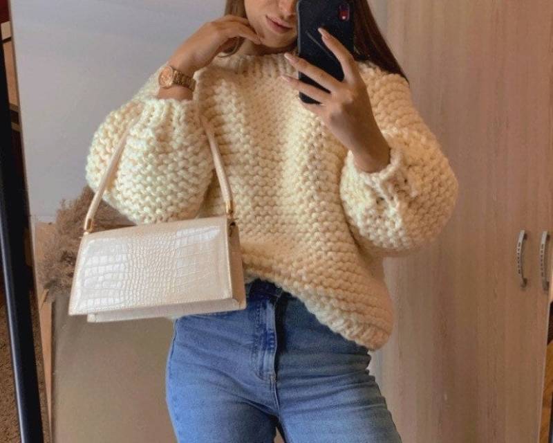 Weißer Chunky Pullover Oversized Damen - Weißer Strickpullover Handgemachter Wollpullover Wolle Warm von beswetio