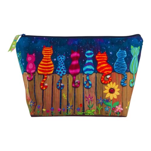 bettina bruder - Kulturbeutel Katzen auf Zaun blau Regenbogen bunt - Schminktäschchen Makeup Waschbeutel - 35c m x 20 cm x 10 cm von bettina bruder