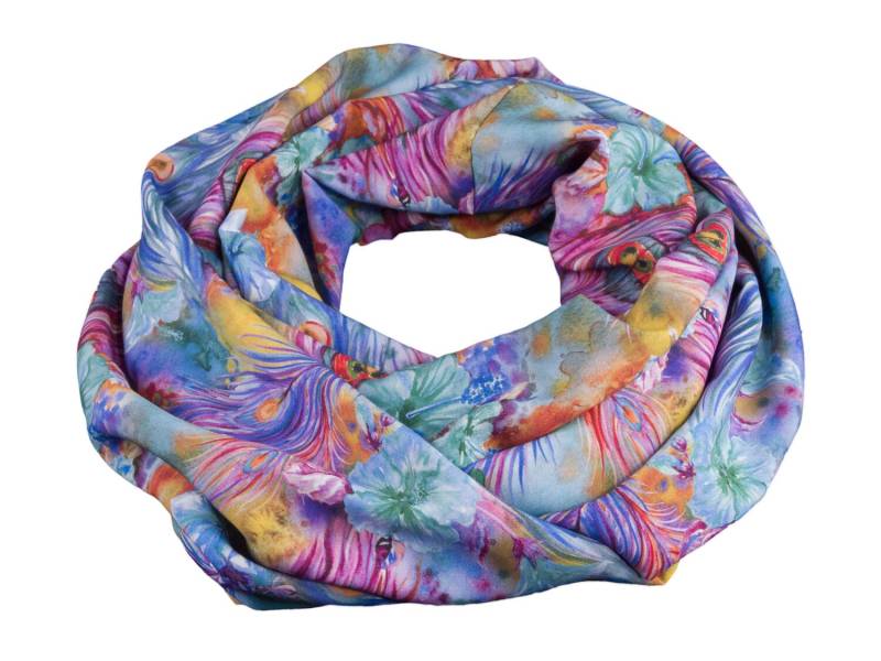 Damen-Loopschal Blumen Blüten Pfau Aquarell Bunt - Ca. 25 cm X 140 100% Viskose Rundschal Schlauchschal von bettinabruder