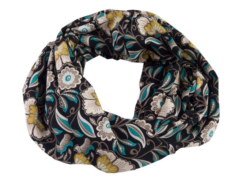 Damen-Loopschal Blumen Blüten Schwarz Petrol Bunt - Ca. 32 cm X 140 100% Viskose Rundschal Schlauchschal von bettinabruder