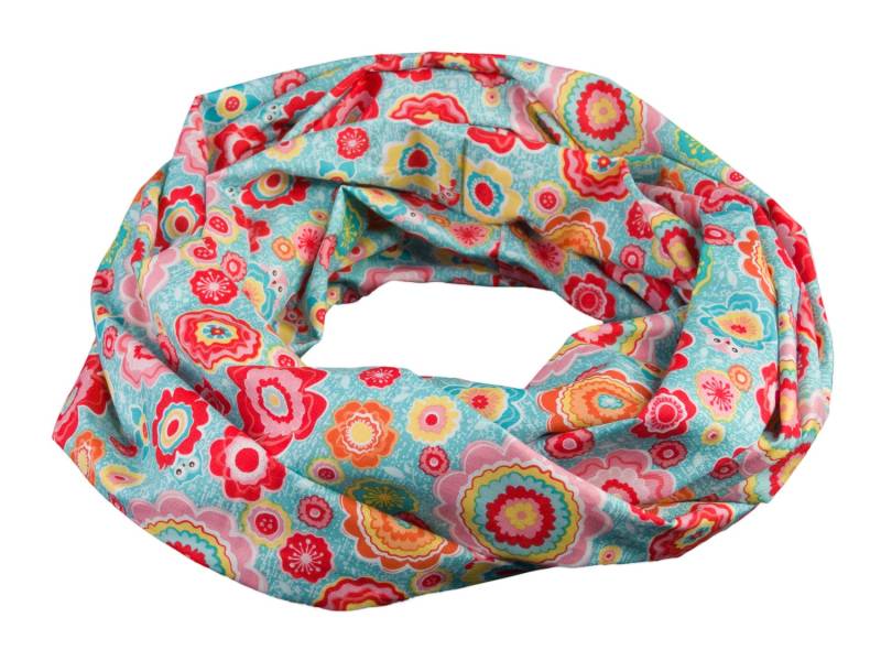 Damen-Loopschal Blumen Eulen Türkis Bunt Ca. 25 cm X 140 - 100% Baumwolle Rundschal Schlauchschal von bettinabruder