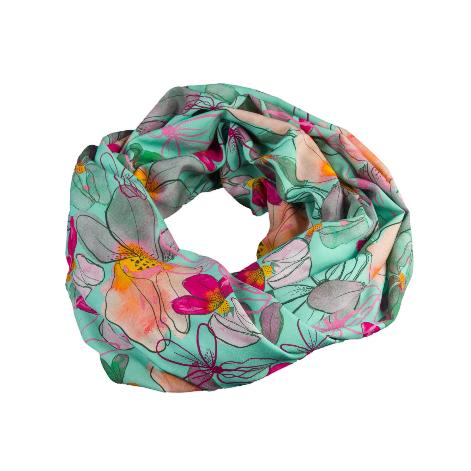 Damen-Loopschal Blumen Mint Orange Bunt - Ca. 32 cm X 140 100% Viskose Rundschal Schlauchschal von bettinabruder