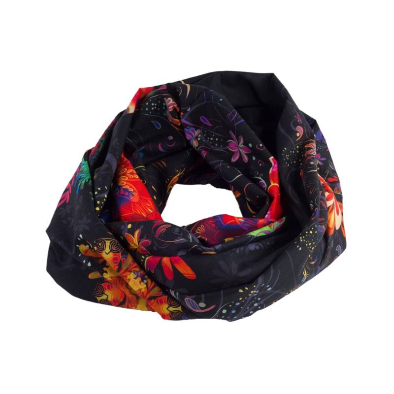 Damen-Loopschal Blumen Ornamente Bordüre Schwarz Bunt Ca. 28 cm X 140 - 100% Baumwolle Rundschal Schlauchschal von bettinabruder