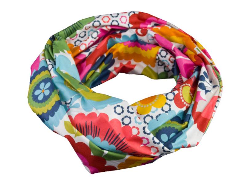 Damen-Loopschal Blumen Retromuster Weiß Bunt - Ca. 25 cm X 140 100% Baumwolle Rundschal Schlauchschal von bettinabruder