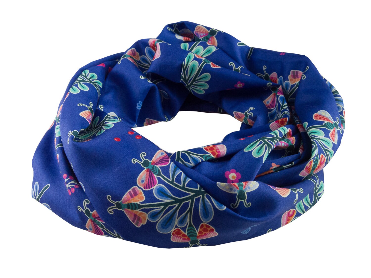 Damen-Loopschal Blumen Schmetterlinge Blau Bunt Ca. 25 cm X 140 Aus Satin - 100% Baumwolle Rundschal Schlauchschal von bettinabruder