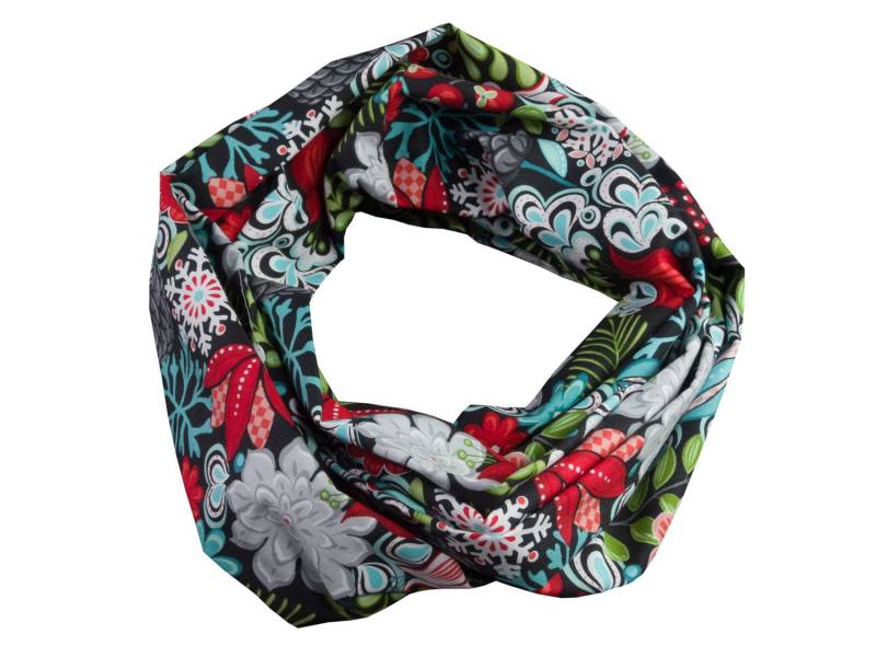 Damen-Loopschal Blumen Schneeflocken Antrazith Grün Rot Bunt Ca. 25 cm X 140 - 100% Baumwolle Rundschal Schlauchschal von bettinabruder