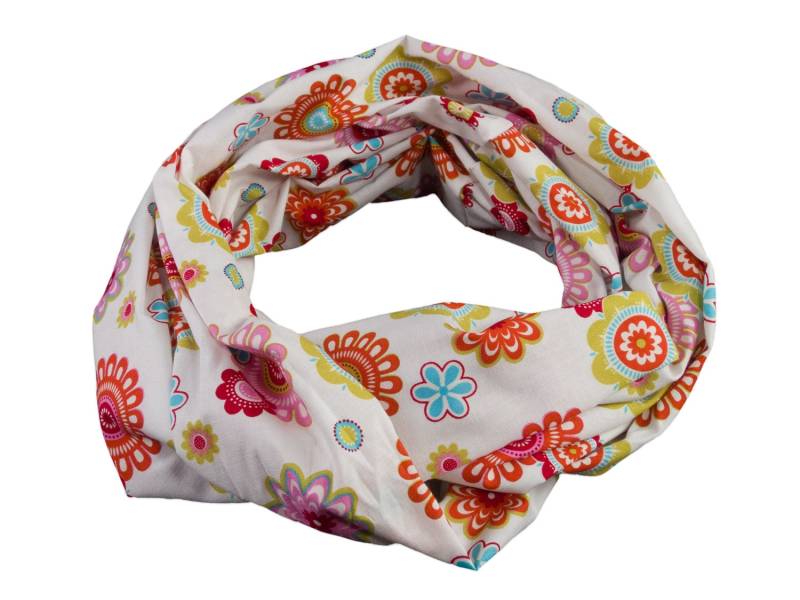 Damen-Loopschal Blumen Weiß Bunt Ca. 24 cm X 140 - 100% Baumwolle Rundschal Schlauchschal von bettinabruder