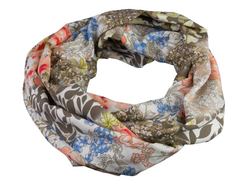 Damen-Loopschal Blumen Weiß Rosa Blau Taupe - Ca. 32 cm X 140 100% Viskose Rundschal Schlauchschal von bettinabruder