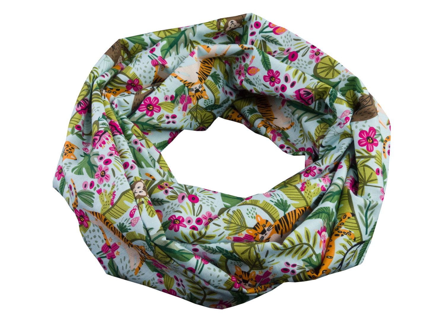 Damen-Loopschal Dschungel Blumen Affe Tiger Vogel Mint Bunt Ca. 25 cm X 140 - 100% Baumwolle Rundschal Schlauchschal von bettinabruder