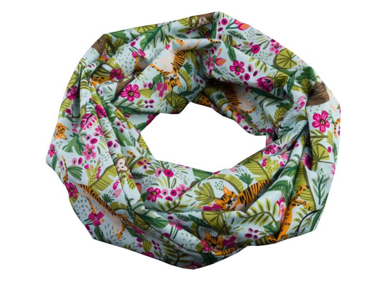 Damen-Loopschal Dschungel Blumen Affe Tiger Vogel Mint Bunt Ca. 25 cm X 140 - 100% Baumwolle Rundschal Schlauchschal von bettinabruder