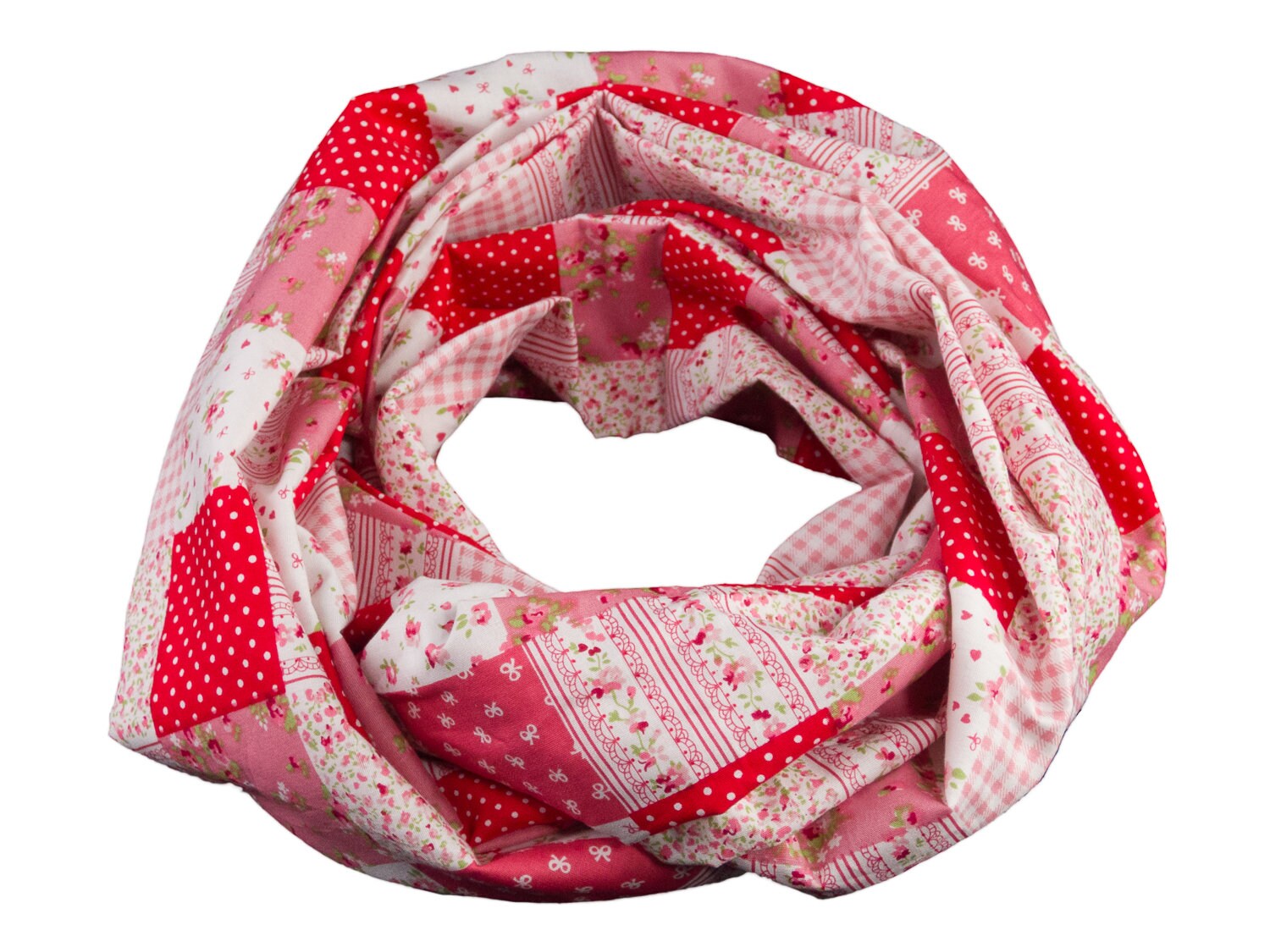 Damen-Loopschal Patchwork Quadrate Rot Weiß - Ca. 25 cm X 140 100% Baumwolle Rundschal Schlauchschal von bettinabruder