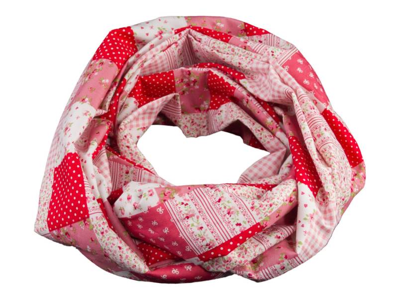 Damen-Loopschal Patchwork Quadrate Rot Weiß - Ca. 25 cm X 140 100% Baumwolle Rundschal Schlauchschal von bettinabruder