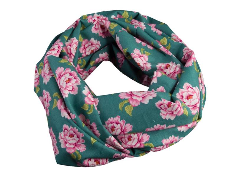Damen-Loopschal Rosen Blumen Petrol Türkis Mint Bunt Ca. 25 cm X 140 - 100% Baumwolle Rundschal Schlauchschal von bettinabruder