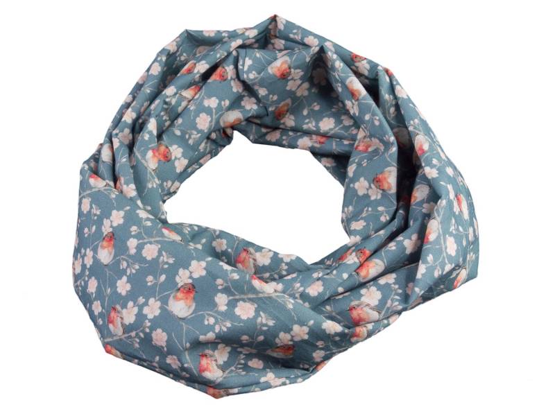 Damen-Loopschal Rundschal Schlauchschal Rotkehlchen Kirschblüten Grau Weiß Rot - Ca. 25 cm X 140 100% Baumwolle von bettinabruder