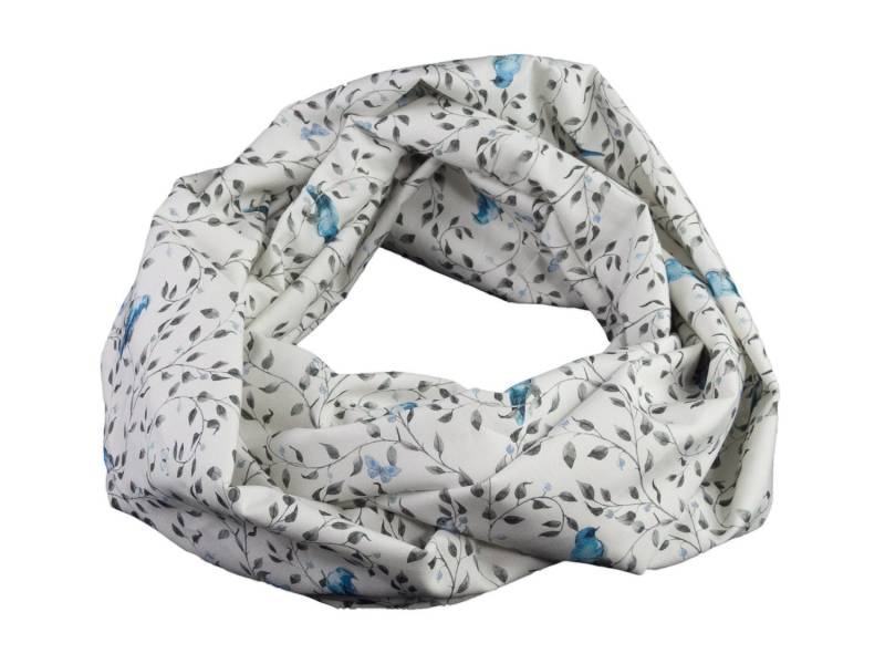 Damen-Loopschal Rundschal Schlauchschal Vögel Blätter Ranken Cremeweiß Grau Hellblau Ca. 25 cm X 140 - 100% Baumwolle von bettinabruder