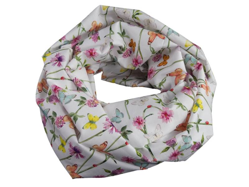 Damen-Loopschal Schmetterlinge Blumen Wiese Weiß Bunt Ca. 25 cm X 140 - 100% Baumwolle Rundschal Schlauchschal von bettinabruder