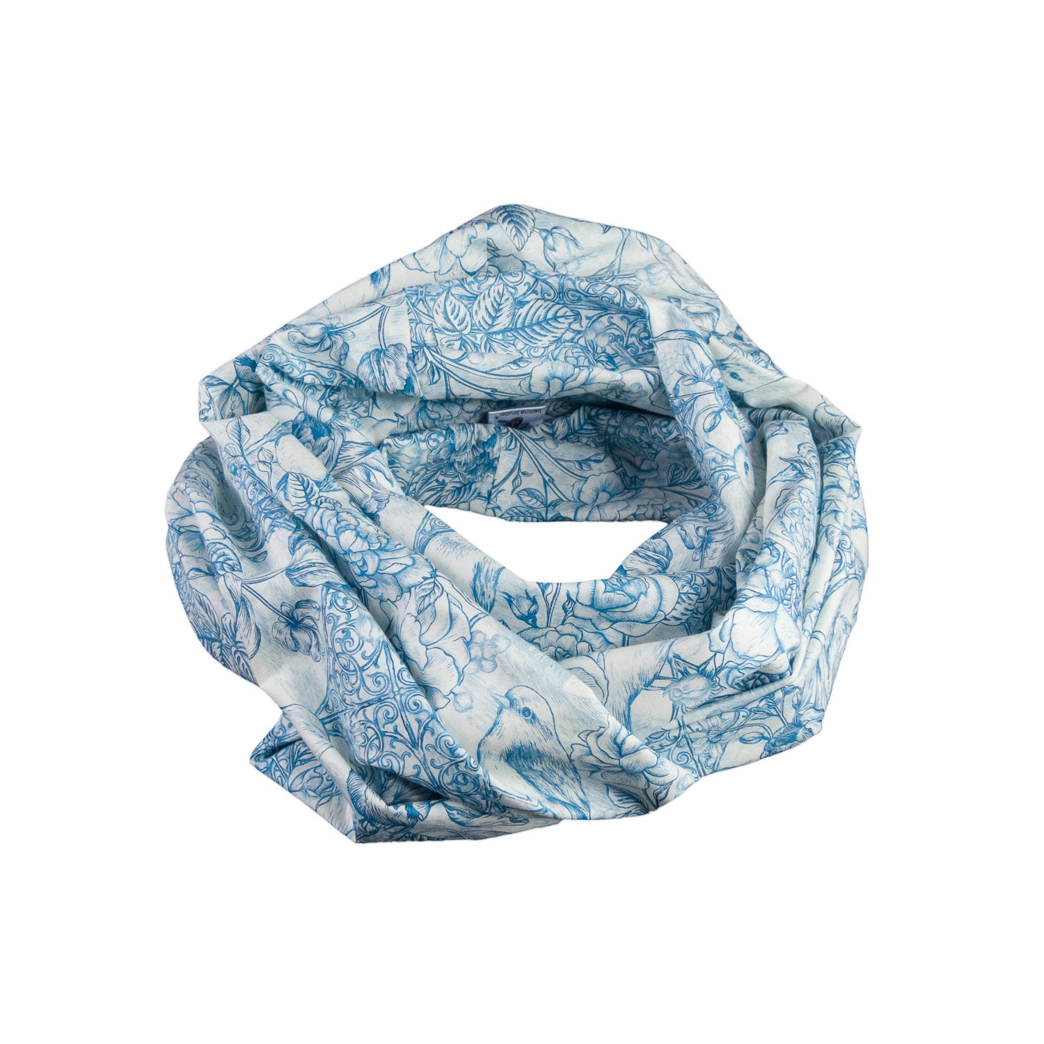 Damen-Loopschal Vögel Blumen Hellblau Weiß - Ca. 25 cm X 140 100% Baumwolle Rundschal Schlauchschal von bettinabruder