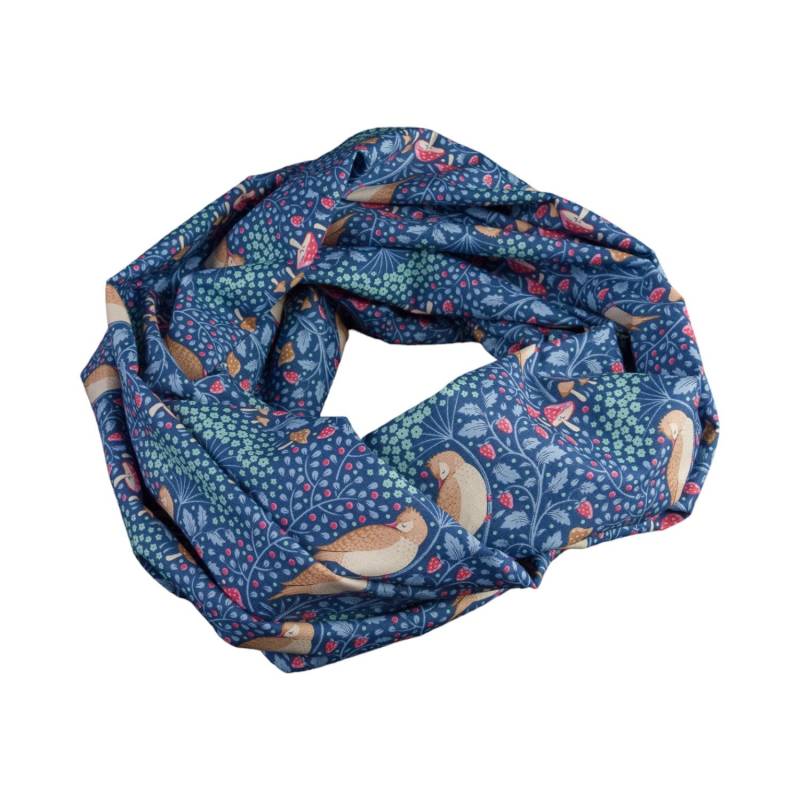 Damen-Loopschal Vögel Blumen Pilze Walderdbeeren Blau Bunt - Ca. 25 cm X 140 100% Baumwolle Rundschal Schlauchschal von bettinabruder