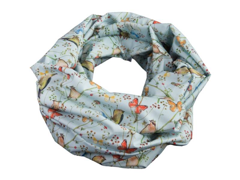 Damen-Loopschal Vögel Schmetterlinge Blumen Hellblau Bunt Ca. 25 cm X 140 - 100% Baumwolle Rundschal Schlauchschal von bettinabruder